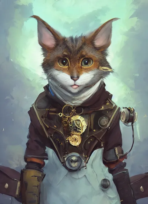 Image similar to a beautiful half body portrait of a cute young anthropomorphic steampunk cat fursona. big eyes. character design by cory loftis, fenghua zhong, ryohei hase, ismail inceoglu and ruan jia. volumetric light, detailed, rendered in octane