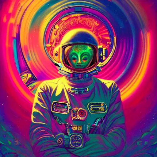 Prompt: An extremely psychedelic experience, colorful, surreal, dramatic lighting, cosmonaut, LSD, face, detailed, intricate, elegant, highly detailed, digital painting, artstation, concept art, smooth, sharp focus, illustration, art by Sam spratt, dan mumford, Artem Demura and alphonse mucha