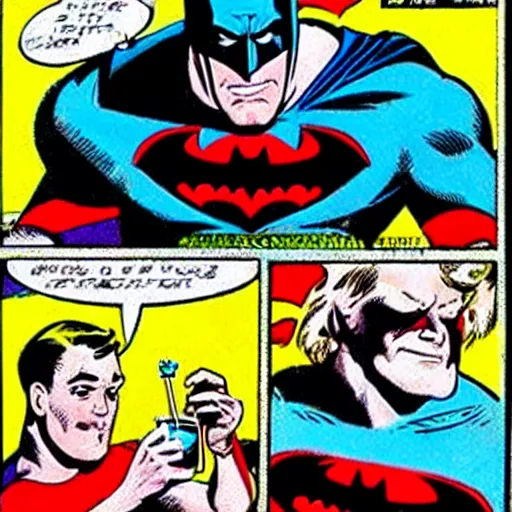 Prompt: Batman drinking a blue slushie in the style of a vintage comic book