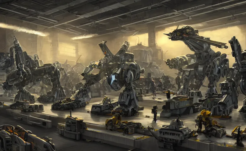 Image similar to epic scenic shot, highly detailed weapons laboratory, clean and organized, quantum technology, bright lights, warehouse with giant mecha dragon parts, with anthropomorphic furry researchers in military uniforms, carrying guns, tables, parts, gun scraps, windows, sci fi, Extremely detailed digital art, furry art, furaffinity, DeviantArt, HD artstation