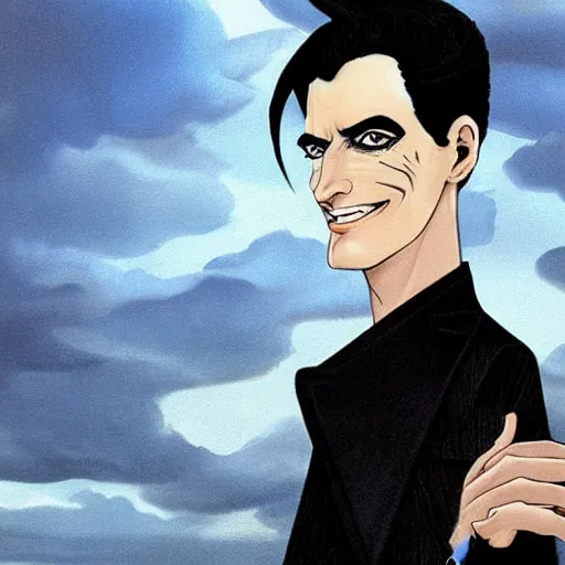 Prompt: A portrait of the character, Desire, a tall smiling androgyne with black hair and a grey pinstripe suit, Vertigo Comics, The Sandman written by Neil Gaiman, against a stormy sky