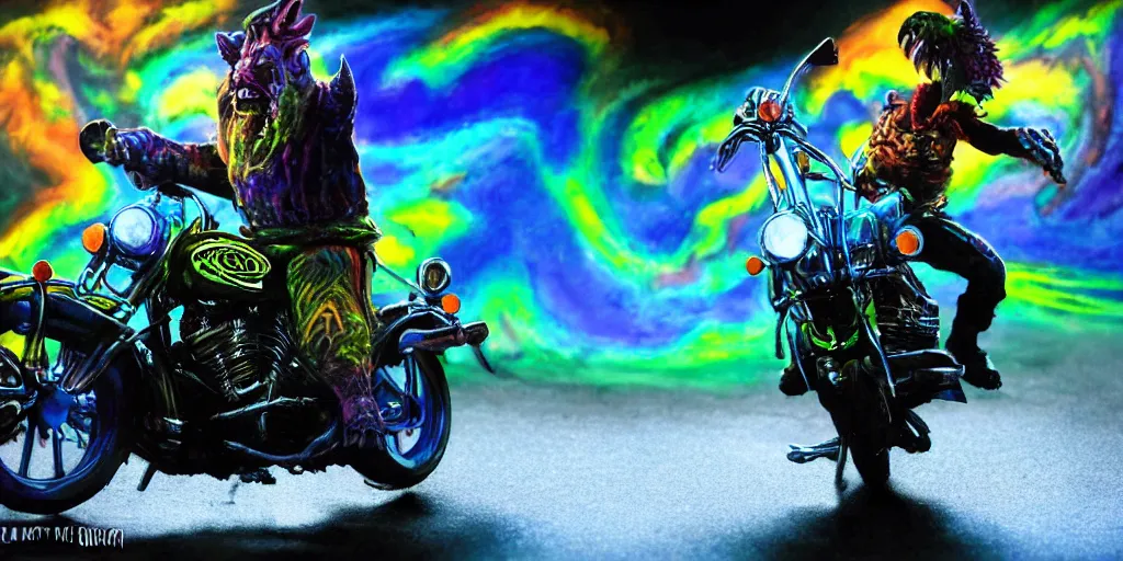 Image similar to high quality cinematic action shot of an orc doing a wheelie on a motorcycle, psychedelic blacklight airbrush art