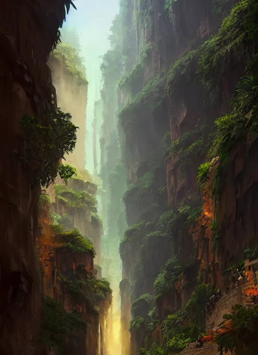 Prompt: medieval city built on terraces in a gigantic canyon, lots of buildings connected by hanging bridges, waterfalls, glow coming from amber veins in the ground, lush vegetation, pitchblack sky, extremly detailed digital painting, in the style andreas rocha and greg rutkowski, rim light, beautiful lighting, 8 k, stunning scene, octane, trending on artstation