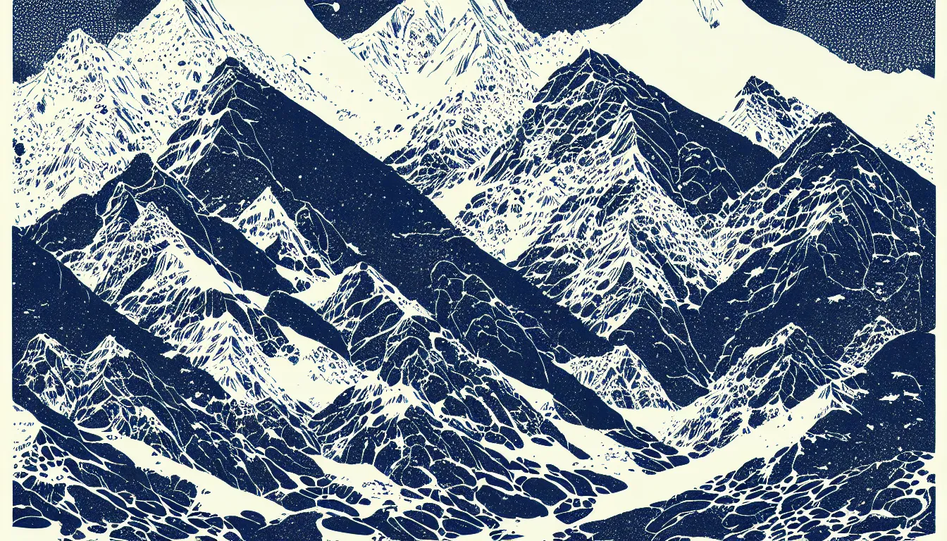 Image similar to himalayas by woodblock print, nicolas delort, moebius, victo ngai, josan gonzalez, kilian eng