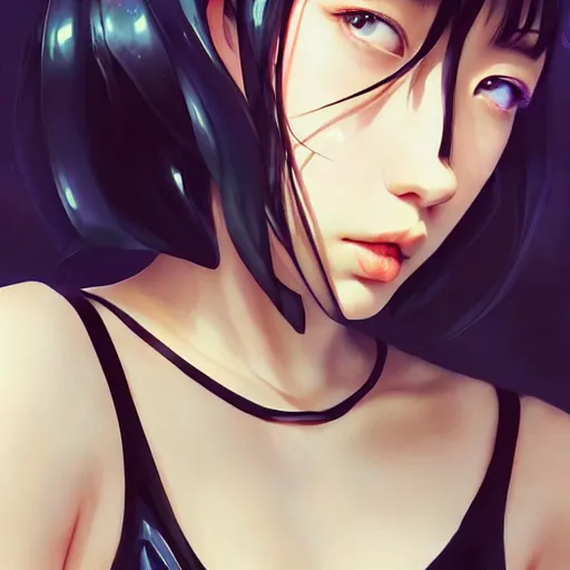 Image similar to a beautiful young japanese billie eilish kat dennings alluring instagram model in elaborate latex tank top, by guweiz and wlop and ilya kuvshinov and artgerm and makoto shinkai and studio ghibli, symmetrical eyes, aesthetic, gorgeous, stunning, alluring, attractive, artstation, deviantart, pinterest, digital art