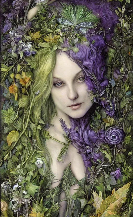 Prompt: fey queen of the summer forest, dress of leaves, fine features, thin, young, clothed, silver shimmering hair, by brian froud, stars, night colors, night, darkness, purple blue black, oil on canvas, oil panting