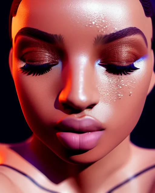 Image similar to beautiful female, arabic, haze, model, brown skin, intricate, filter, symmetrical face, makeup, sephora, maybelline, studio, reflections, cinematic, filmic, vsco, concept art, artstation, elegant, model, gorgeous, vray, flim, octane render, ambient occlusion, prism details