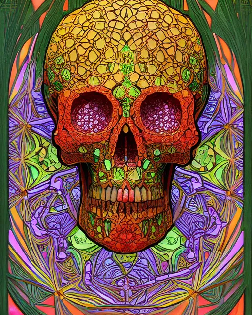 Image similar to Carved ruby skull art surrounded by varities of pineapple, cell shading, voronoi, fibonacci sequence, sacred geometry by Alphonse Mucha, Moebius, hiroshi yoshida, Art Nouveau, colorful, ultradetailed, vivid colour, 3d