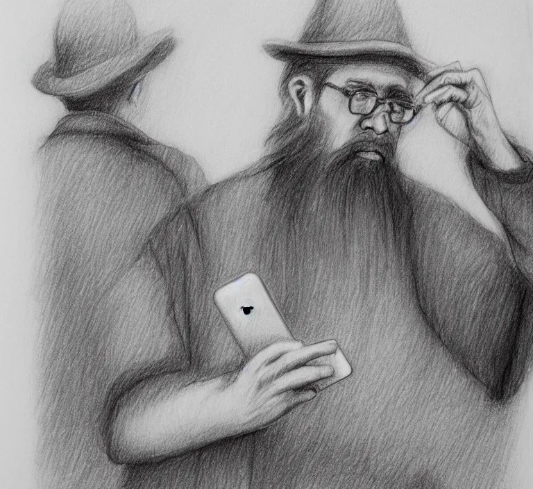 Prompt: pencil sketch of a confused amish man trying to use an iphone