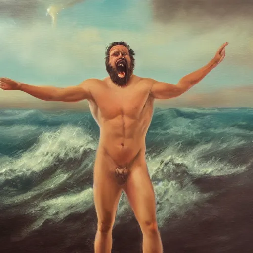 Image similar to portrait of proud and screaming Poseidon rising from the ocean, ready to fight with trident, oil painting, dark colors, sinister atmosphere