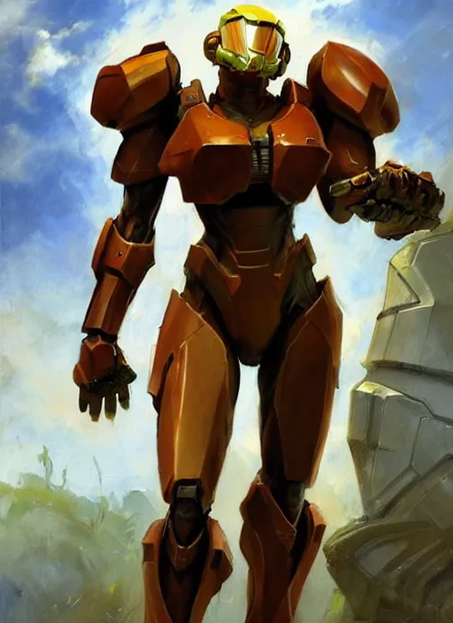 Image similar to Greg Manchess painting of Samus from Metroid Prime wearing Forerunner Armor from Halo, countryside, calm, fantasy character portrait, dynamic pose, above view, sunny day, thunder clouds in the sky, artwork by Jeremy Lipkin and Giuseppe Dangelico Pino and Michael Garmash and Rob Rey, very coherent asymmetrical artwork, sharp edges, perfect face, simple form, 100mm