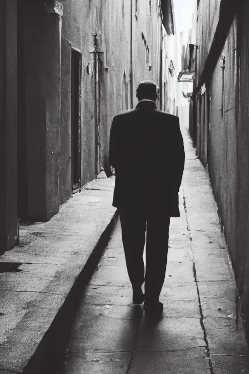 Image similar to a 5 0's detective, walking alone in an alley