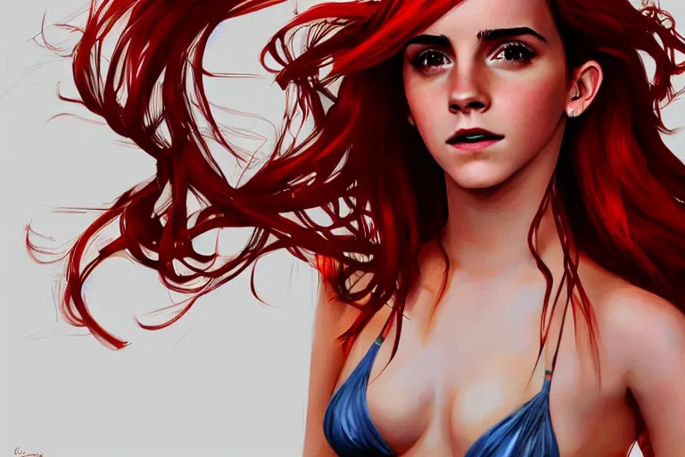 Image similar to Red-haired beauty Emma Watson in a bikini, highly detailed, mid-shot ,pixiv , digital painting , concept art