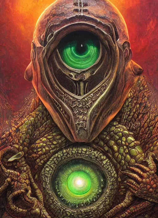 Prompt: mf doom reptile eyes, shamanic poster lsd art, intricate, elegant, highly detailed, centered, digital painting, artstation, concept art, smooth, sharp focus, illustration, artgerm, tomasz alen kopera, peter mohrbacher, donato giancola, joseph christian leyendecker, wlop, frank frazetta