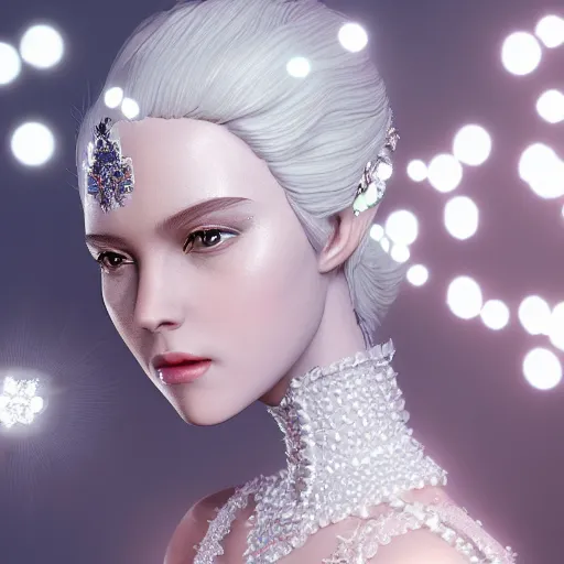 Image similar to portrait of wonderful princess of white diamonds with fair skin, white hair, white flowers, ornate with white diamonds, 8 k, gorgeous, intricate, detailed, glowing white accent lighting, dramatic lighting, octane render