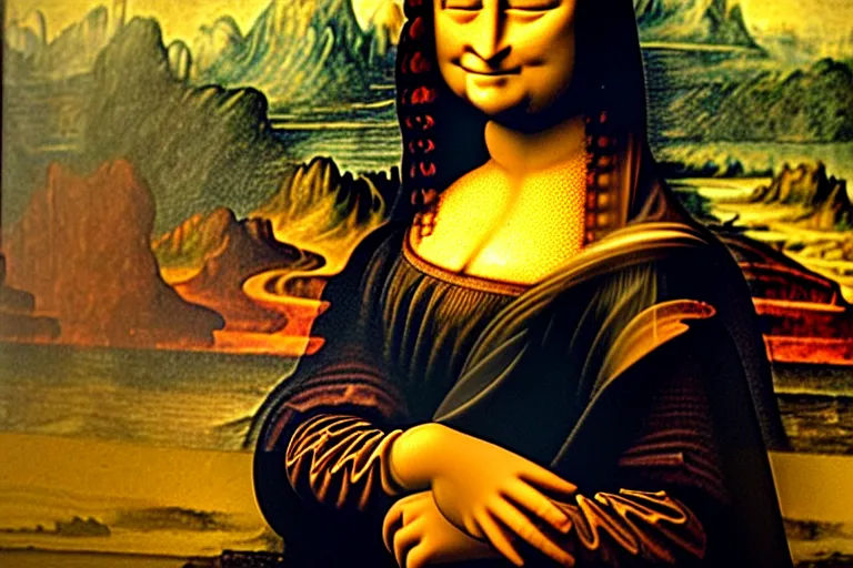 Image similar to mona lisa back view, ultra realistic!!!, clear weather, golden hour, sharp focus