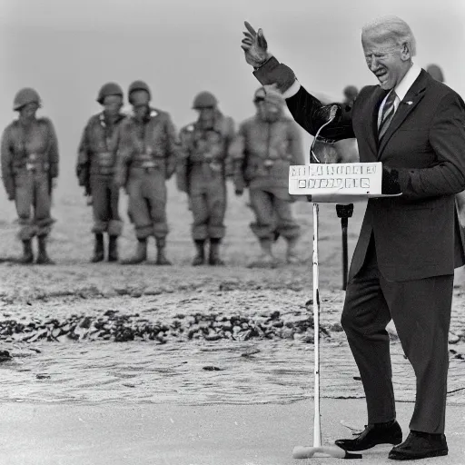 Prompt: joe biden giving a speech on normandy beach during d-day