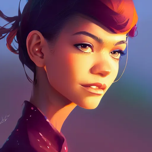 Image similar to portrait of zendaya, farm field background, rich vivid colors, ambient lighting, dynamic lighting, 4k, HQ, official media, anime key visual, makoto shinkai, ilya kuvshinov, lois van baarle, rossdraws, detailed, trending on artstation