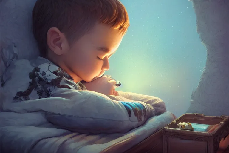 Image similar to a beautiful illustration of a little cute boy in his bed dreaming about a beautiful, fantasy, intricate, epic lighting, cinematic composition, hyper realistic, 8 k resolution, unreal engine 5, by artgerm, tooth wu, dan mumford, beeple, wlop, rossdraws, james jean, marc simonetti, artstation