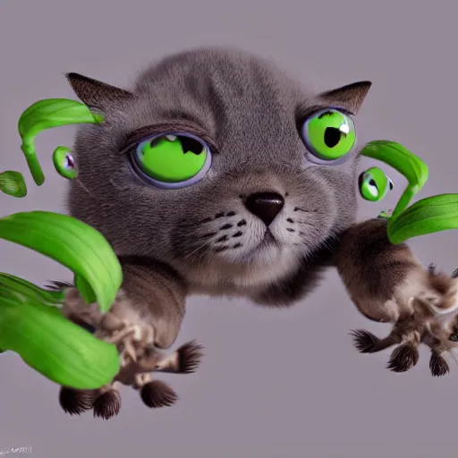 Prompt: cute furry hybrid cat - like plant creature with many eyes, many arms, many legs with radial symmetry leaf hands detailed character concept 3 d pixar style render 4 k