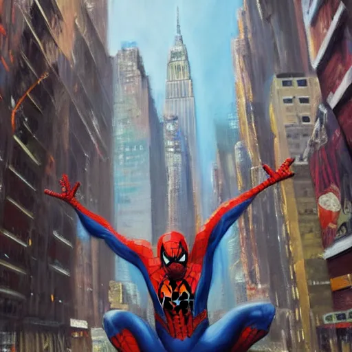 Image similar to oil painting of spiderman swinging through new york city buildings. far away, from behind, epic, sense of motion, motion blur, artstation, artgerm