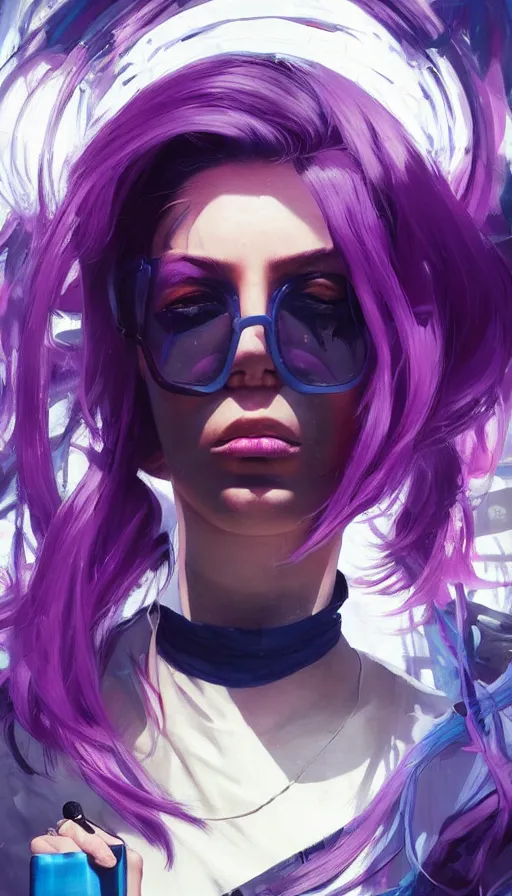 Image similar to A ultradetailed beautiful portrait panting of a graffiti writer from the future with purple hair and streetwear style on a futuristic car, bright sunny day, Oil painting, by Ilya Kuvshinov, Greg Rutkowski and Makoto Shinkai