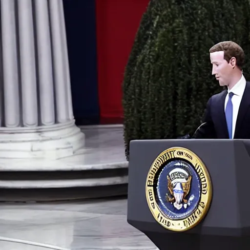 Image similar to mark zuckerberg as the president of the united states wearing a suit standing at the presidential podium