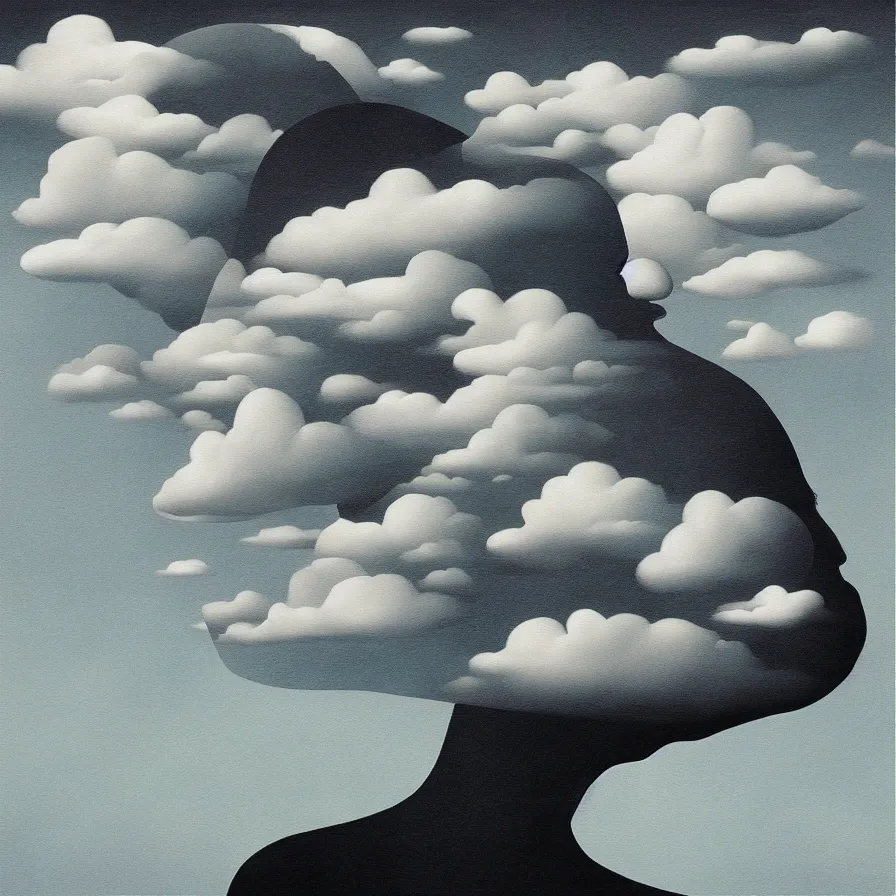 Image similar to surrealist artwork of the atmospheric indie album about your head feeling like a black cloud.