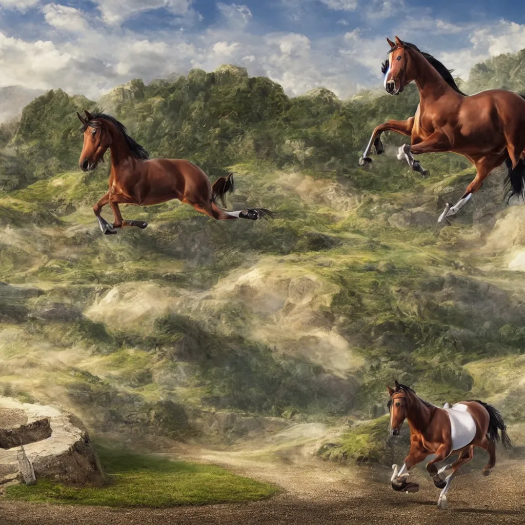 Image similar to a cartoon horse jumping over a hyperrealistic landscape in a car