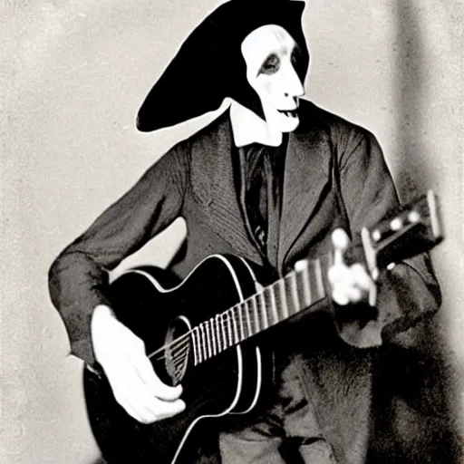 Image similar to max schreck nosferatu playing acoustic guitar and singing the blues, 1 9 2 0 s, alabama