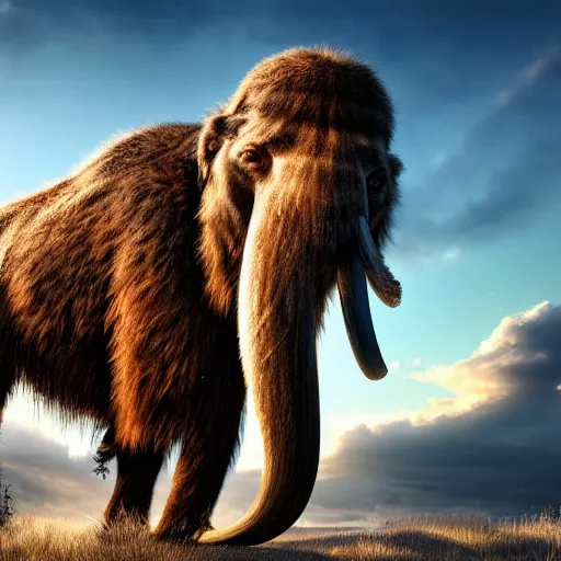 Prompt: photo of a mammoth, highly detailed, gettyimages, cinematic lighting, 4 k hd photo, trending on artstation, hyper realistic rendering photography, ultra wide angle, long shot, 8 k