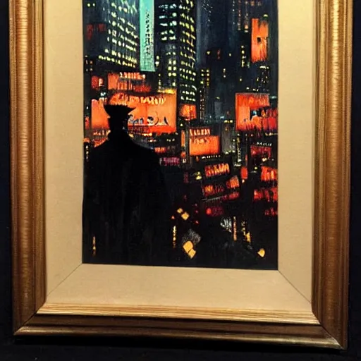 Prompt: frazetta portrait painting of wall street , nighttime ,daytime , backlight , detailed visible brushmarks