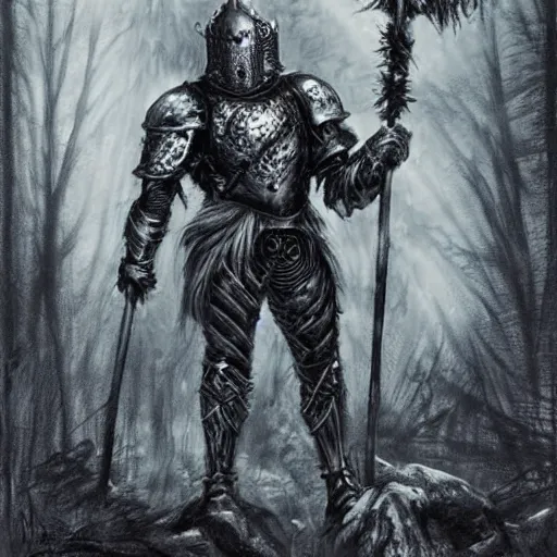 Prompt: a gritty fantasy knight in heavy silver armor holding a large staff standing in a forest, comic book art, fantasy, oil painting, art by jim lee,, dark, moody, dramatic,