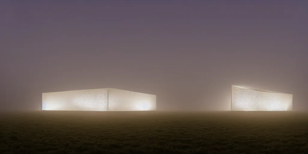 Image similar to white honeycomb organic illuminated building with warm illumination inside by kendall buster sits on the field evening atmosphere in low fog, 4 k, insanely quality, highly detailed, telephoto lens, shallow depth of field