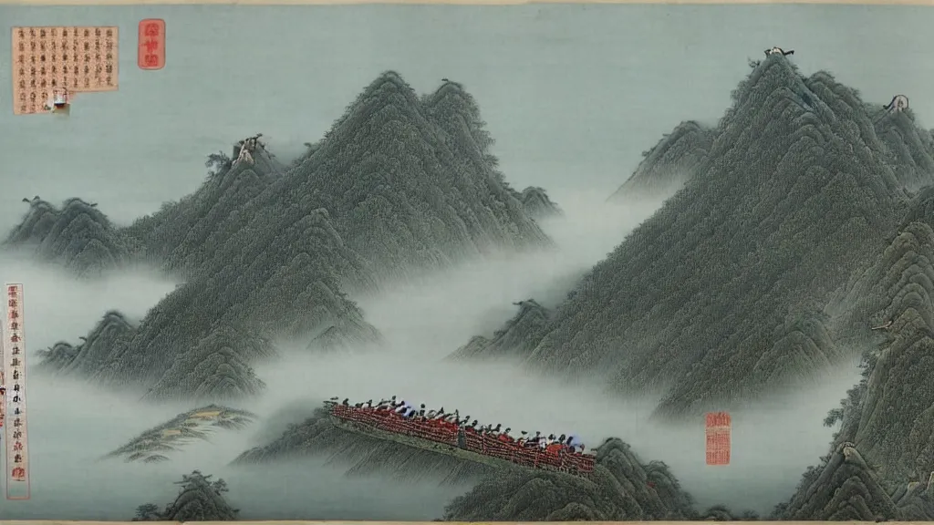 Prompt: between the clouds of the white emperor, a thousand miles of jiangling returned in one day. the apes on both sides of the strait could not stop crying, and the light boat had already passed through the ten thousand heavy mountains