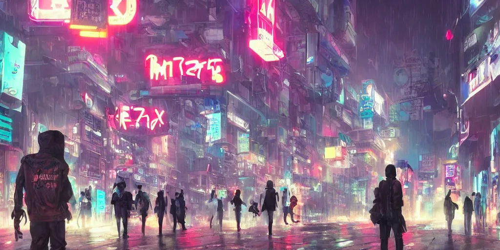 Prompt: teenagers with tech clothing and hoods and futuristic gas masks painting giant graffitis on the walls of a dystopian city, neon lights, sci - fi, night lights, rain and haze, concept art, intricate, in the style of katsuhiro otomo, akira, unreal engine