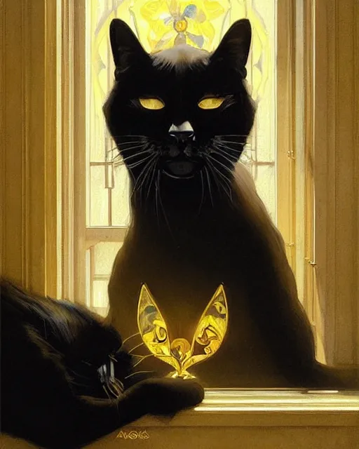 Image similar to Portrait of a giant black cat with yellow eyes looking at a sleeping blonde lady through a window in Lisbon, real life skin, intricate, elegant, highly detailed, artstation, concept art, smooth, sharp focus, art by artgerm and greg rutkowski and alphonse mucha