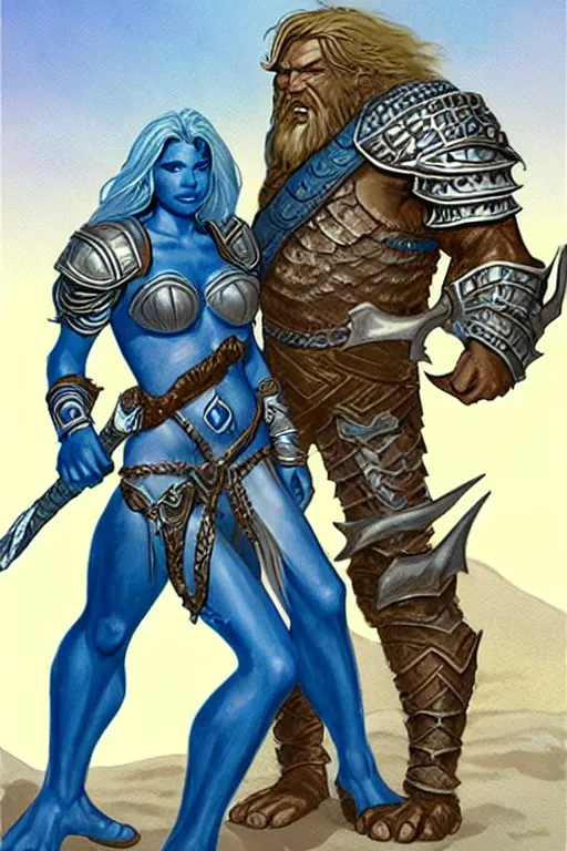 Prompt: a small blue-skinned triton girl wearing scale armor riding on a the shoulders of a large male goliath wearing fur and leather armor, dnd concept art, painting by Larry Elmore and ross tran