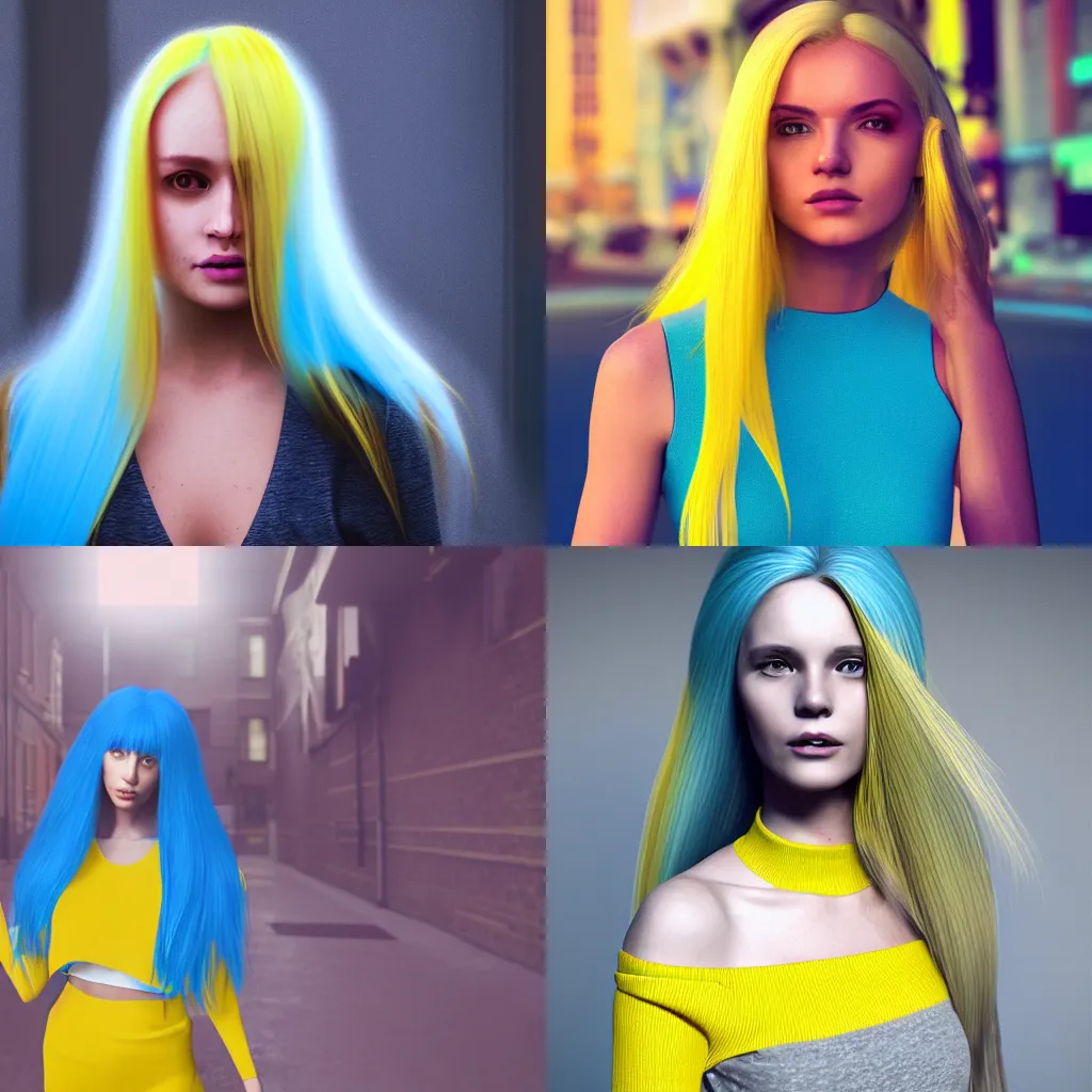Prompt: woman with long yellow hair wearing a blue crop top on a night street, digital art, trending on artstation, photorealism, octane render, nighttime, beautiful face