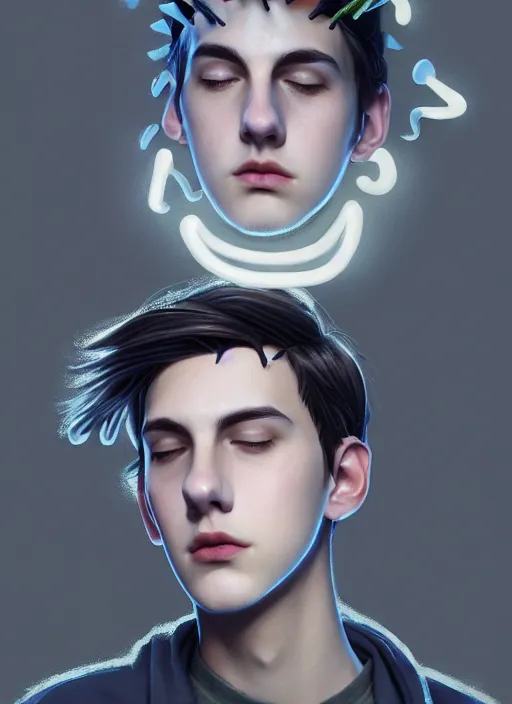 Image similar to portrait of teenage jughead jones wearing a light grey crown, photorealistic, crown, eyes closed, crown, black hair, intricate, elegant, glowing lights, highly detailed, digital painting, artstation, concept art, smooth, sharp focus, illustration, art by wlop, mars ravelo and greg rutkowski