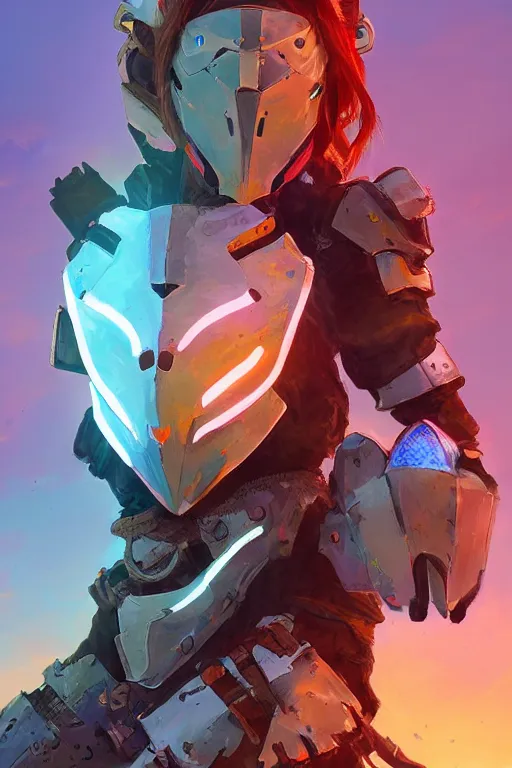 Image similar to combination suit armor aloy horizon forbidden west horizon zero dawn radiating a glowing aura global illumination ray tracing hdr fanart arstation by ian pesty and alena aenami artworks in 4 k tribal robot ninja mask helmet backpack