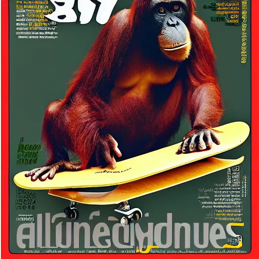 Image similar to an orangutan riding a skateboard on a half pipe, 9 0 s magazine, hype, award winning, highly detailed, high quality, high resolution