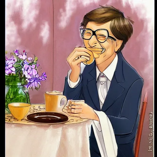 Image similar to drawing of Bill Gates crossdressing in linen dress while drinking tea, in the style of studio ghibli and Konstantin Razumov, fine details, high quality