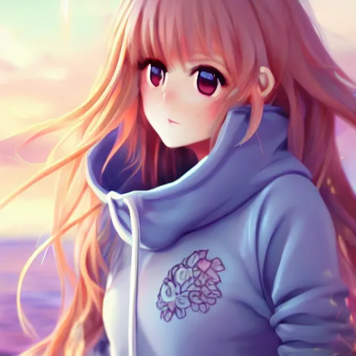 Image similar to a very beautiful anime girl, full body, long wavy blond hair, sky blue eyes, full round face, short smile, oversized hoodie, miniskirt, flower in hair, summer lake setting, cinematic lightning, medium shot, mid-shot, highly detailed, trending on Artstation, Unreal Engine 4k, cinematic wallpaper by Stanley Artgerm Lau, WLOP, Rossdraws, James Jean, Andrei Riabovitchev, Marc Simonetti, and Sakimichan