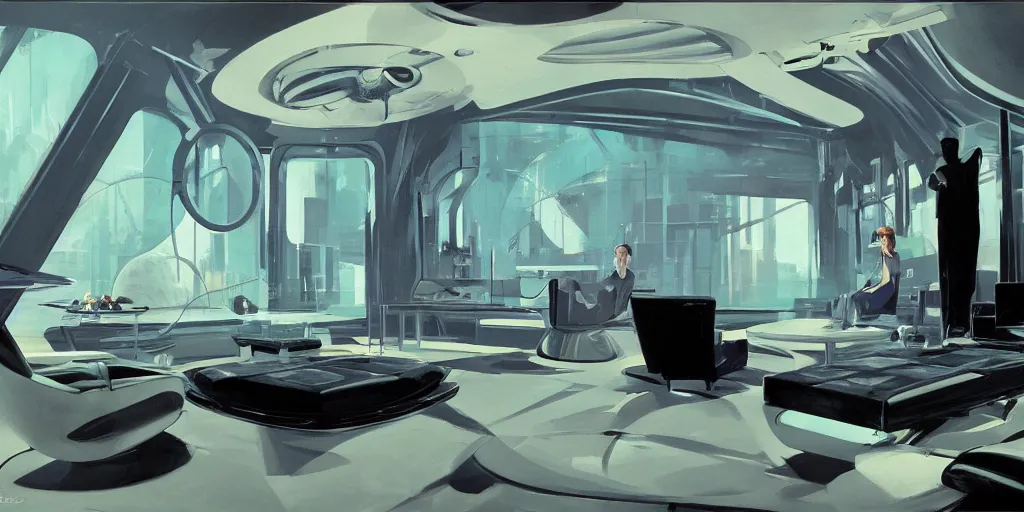 Prompt: a futuristic living room in gothic style with holograms all over, syd mead cinematic painting, 4 k