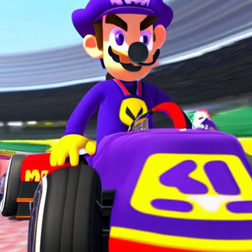 Image similar to Portrait screenshot of Max Verstappen as Waluigi in MarioKart, Nintendo, MK8, 4k