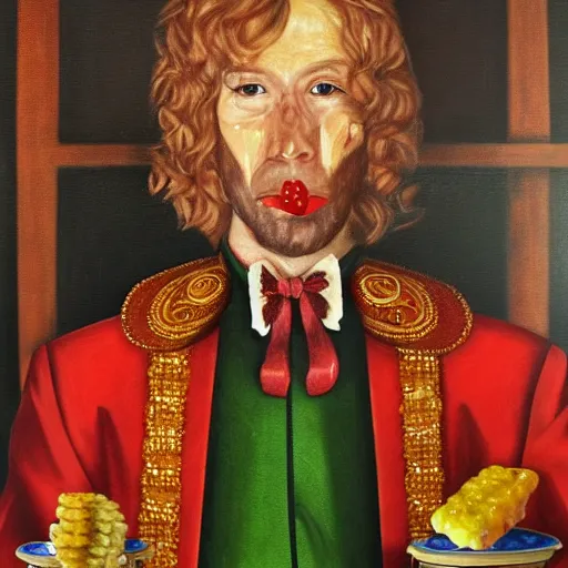 Prompt: portrait of king of candy mr harry haribo oil painting bloody conquest tapas