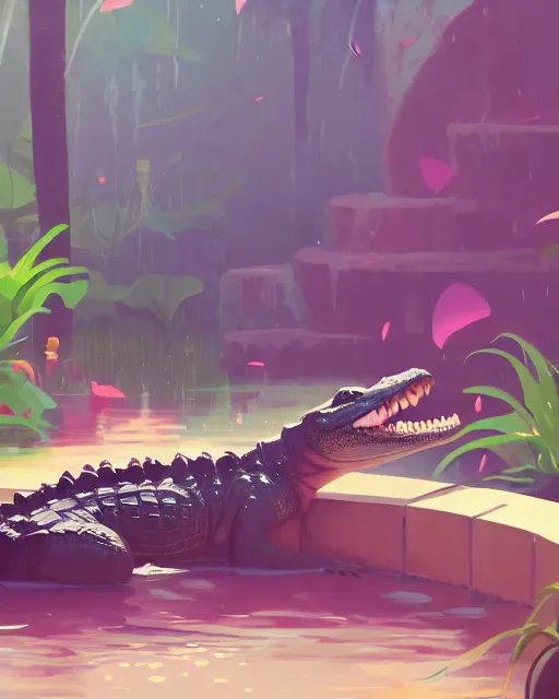 Prompt: a cute alligator taking a bath in a hot spring with lush vegetation around, cory loftis, james gilleard, atey ghailan, makoto shinkai, goro fujita, character art, rim light, exquisite lighting, clear focus, very coherent, plain background, soft painting