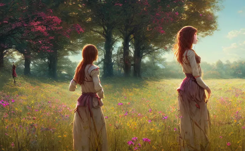 Image similar to detailed intricate digital illustration by greg rutkowski and artgerm and wlop and sanford robinson gifford ; girl standing in beautiful meadow with colorful flowers and puffy clouds in background ; 1 3 mm film, arri alfa anamorphic lens ; sharp focus, golden hour lighting, trending on artstation 4 k ; close view