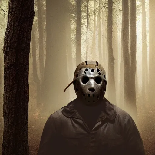 Image similar to A still image of Jason Voorhees in the woods foggy Digital art very detail 4K quality super realistic